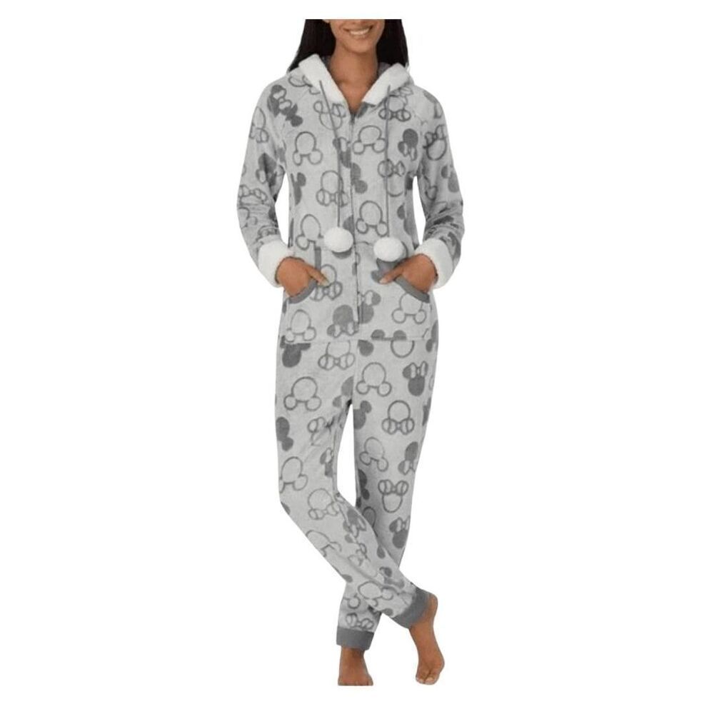 Disney Women's Mickey Minnie One-Piece Lightweight Fleece Hooded Pajama, Gray EU